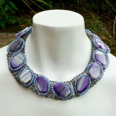 Grey Beaded Collar / Necklace with Oval Amethysts and Blue Aurora Borealis Beads