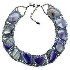 Grey Beaded Collar / Necklace with Oval Amethysts and Blue Aurora Borealis Beads