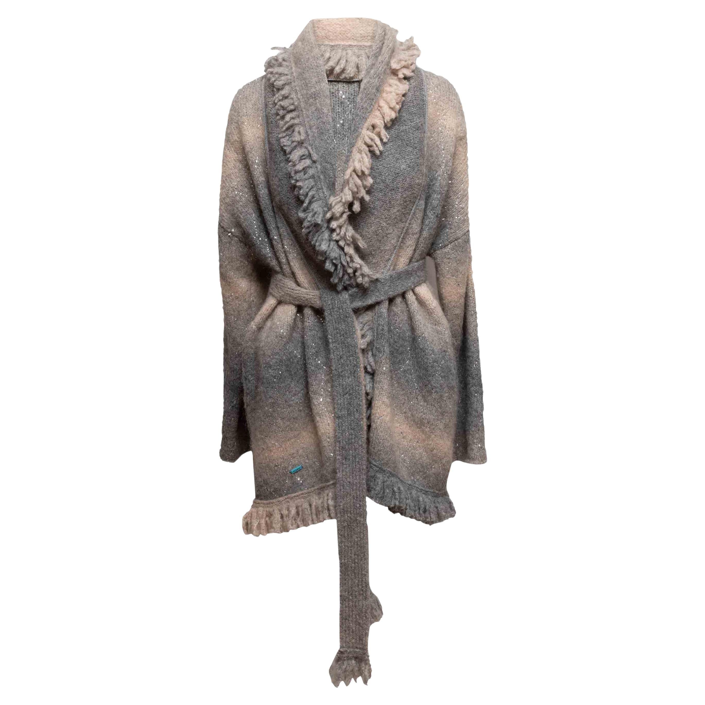 Grey & Beige Alanui Alpaca Embellished Wrap Cardigan Size US M en vente