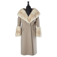 Grey-beige double-breasted 1950's wool coat with mink collar and cuffs STEVENS 