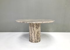 Mid-Century Modern Round Dining Table in Grey Beige Travertine