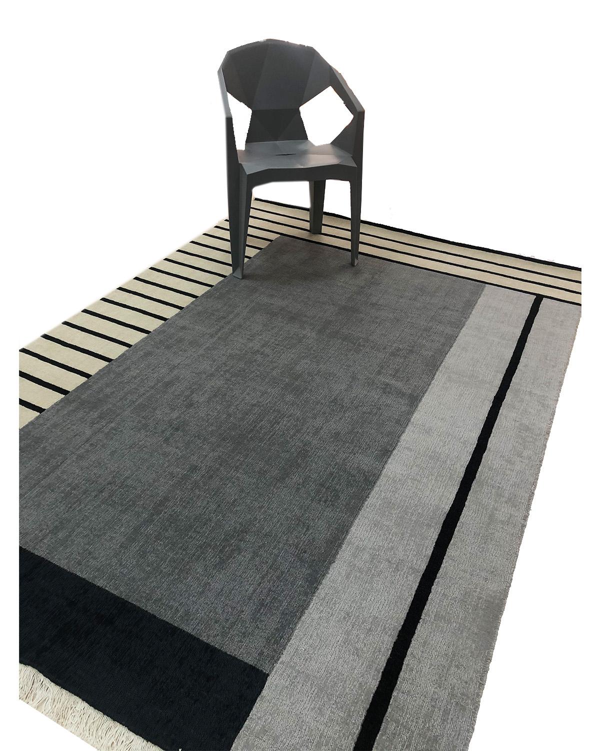 Indiano Tappeto Grigio Lana Moderno Geometrico Nero Beige Strisce Boxes Design fatto a mano in vendita