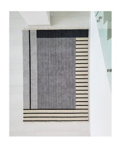 Rug Grey Wool Modern Geometric Black Beige Stripes Boxes Design hand made