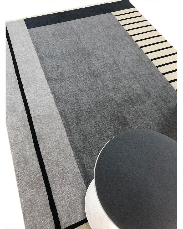 Rug Walkway Grey Wool Modern Geometric Black Beige Grey Stripes Boxes Design For Sale at 1stDibs