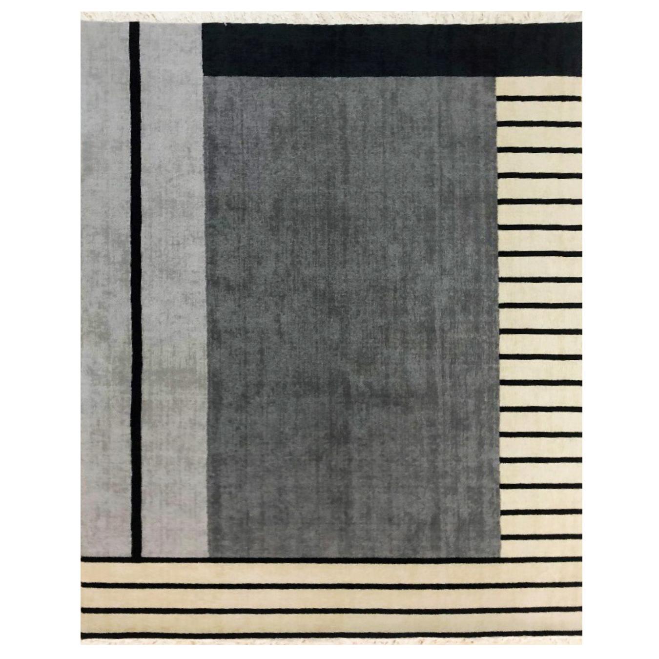Rug Grey Wool Modern Geometric Black Beige Stripes Boxes Design hand made For Sale