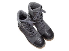 Grey & Black Chanel Quilted Suede & Leather Cap-Toe Boots Size 36