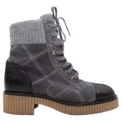 Grey & Black Chanel Quilted Suede & Leather Cap-Toe Boots Size 36