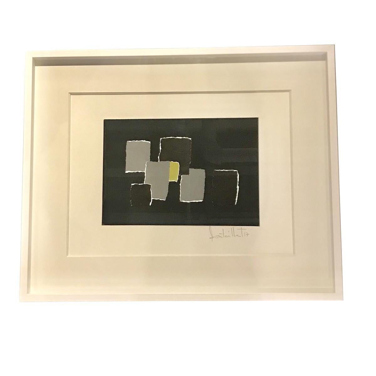 French Grey, Black, Chartreuse Collage by Artist Isabelle Bouteillet, France