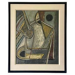 Grey, Black, Gold Abstract Oil Painting, Mid Century, Signed, Framed