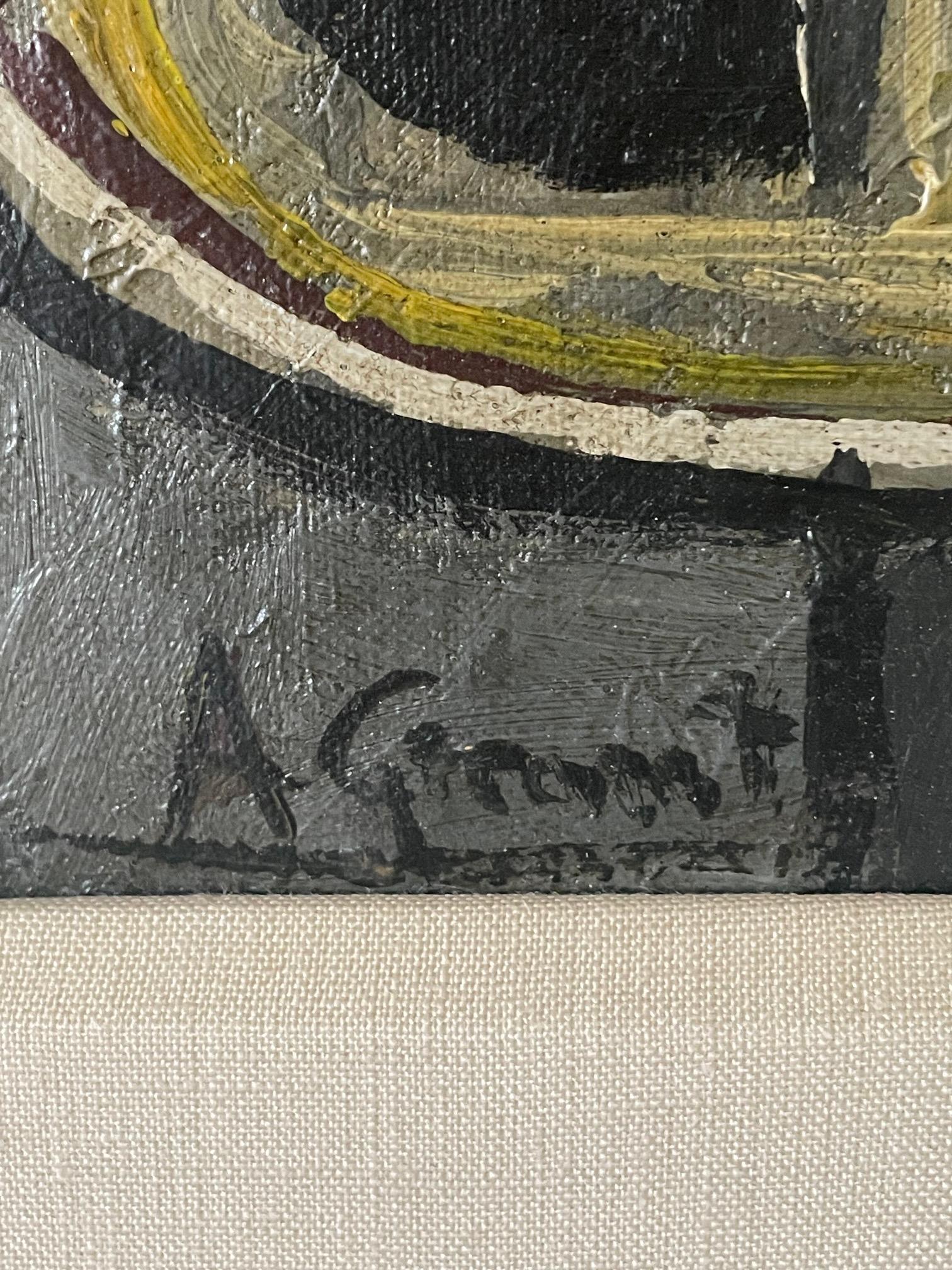 Italienisches abstraktes Gemälde aus der Mitte des Jahrhunderts.
Ölfarbe.
Neu gerahmt.
Signiert vom Künstler.