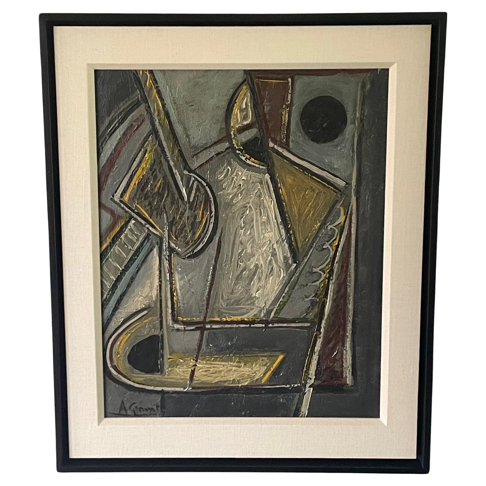 Grey, Black, Gold Combo Abstract Oil Painting, Italy, Mid Century