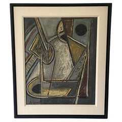 Pittura ad olio astratta combinata grigio, nero e oro, Italia, metà secolo