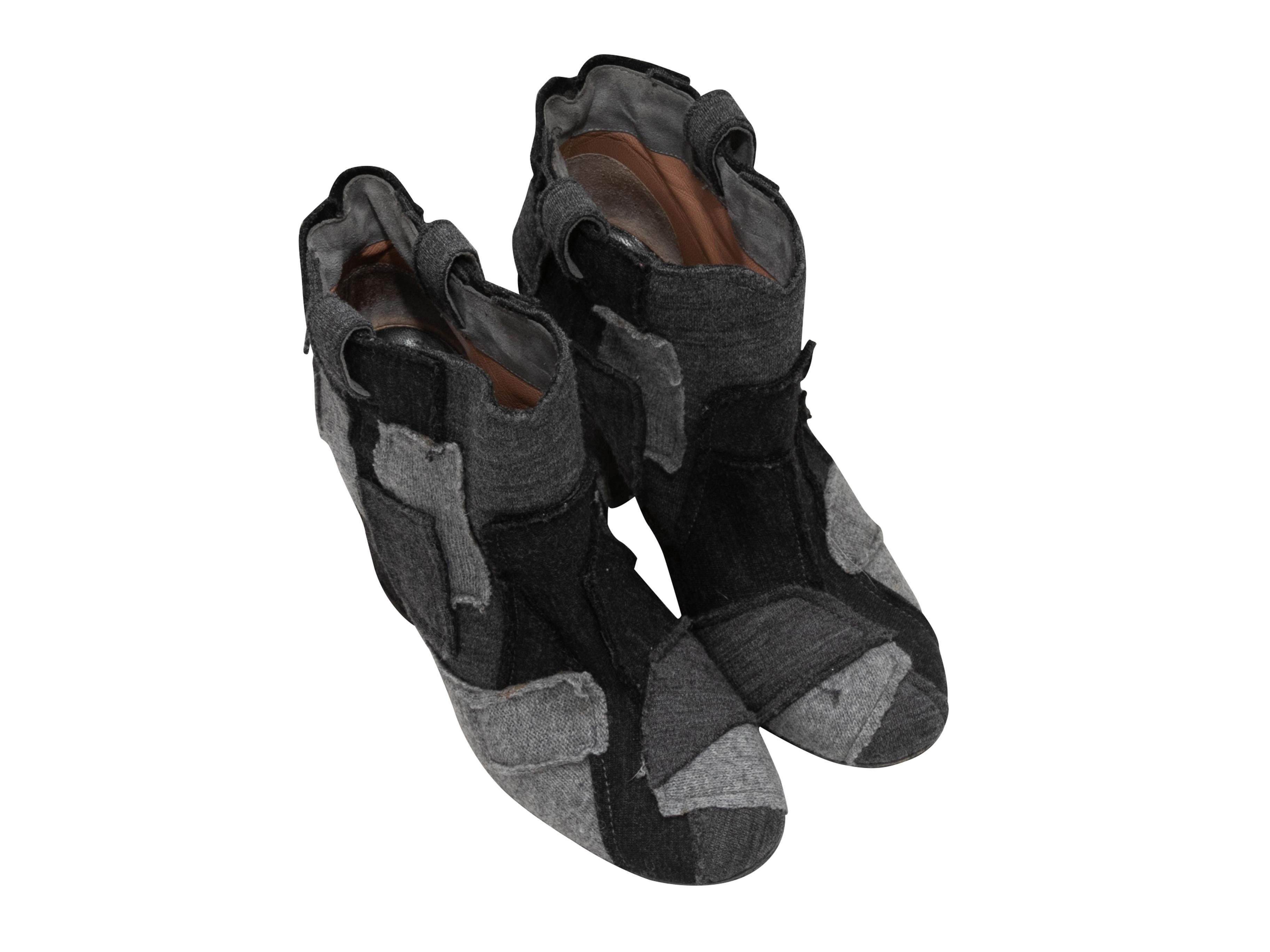 Grey and black patchwork ankle boots. Block heels. 3.75