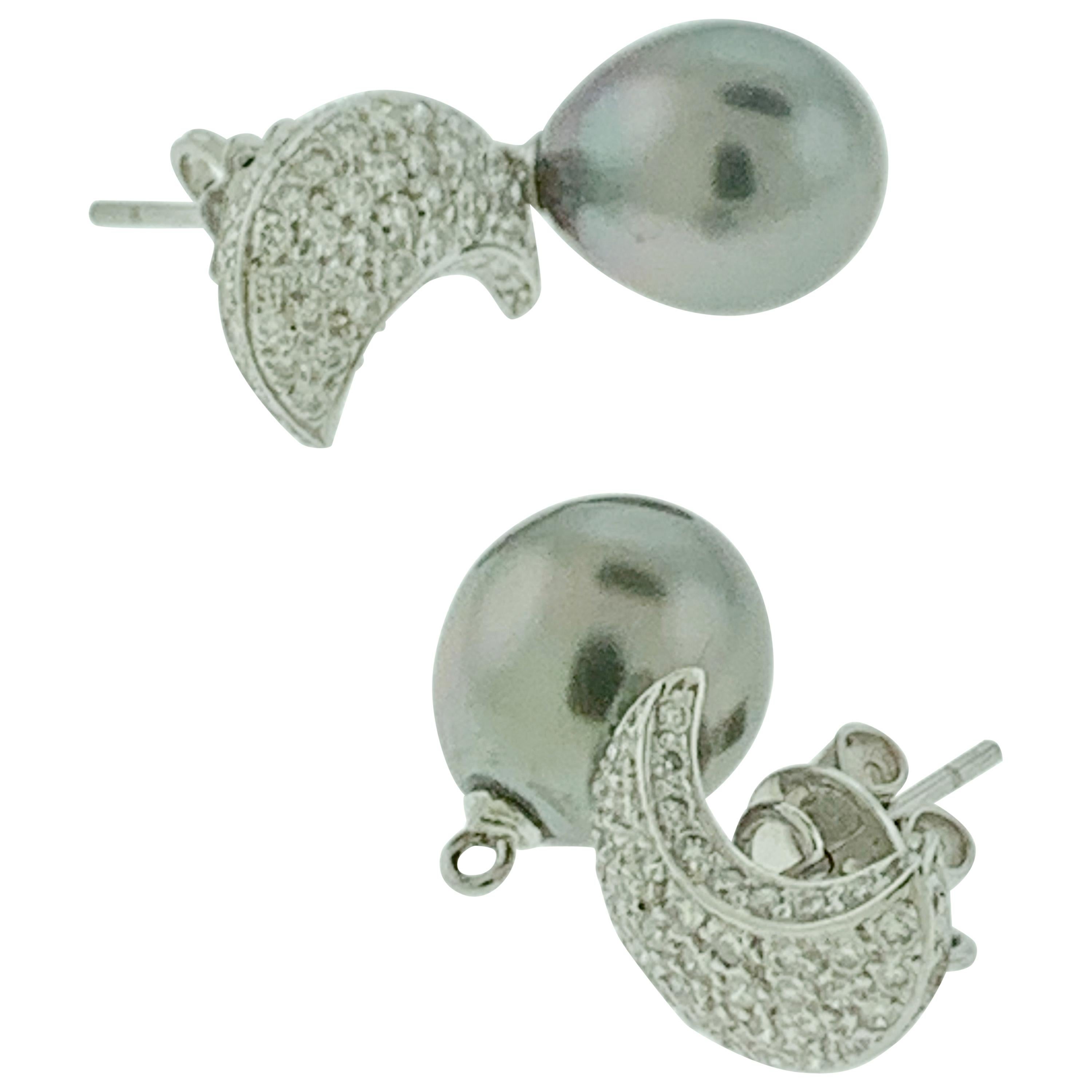 Pendientes Colgantes de Cóctel de Tahití Negro Gris con Diamantes Oro Blanco de 18 Kilates en venta