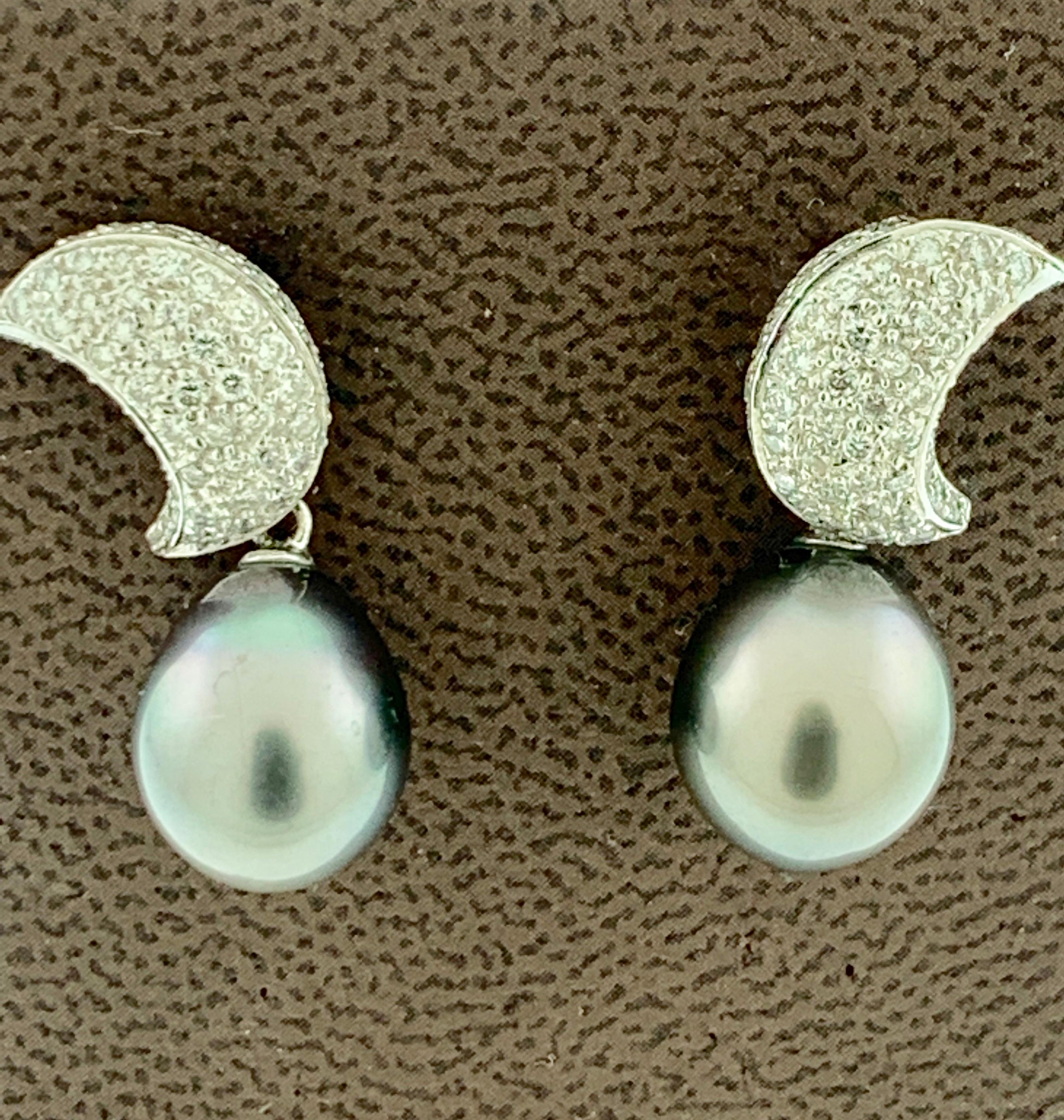 Pendientes Colgantes de Cóctel de Tahití Negro Gris con Diamantes Oro Blanco de 18 Kilates en venta 2