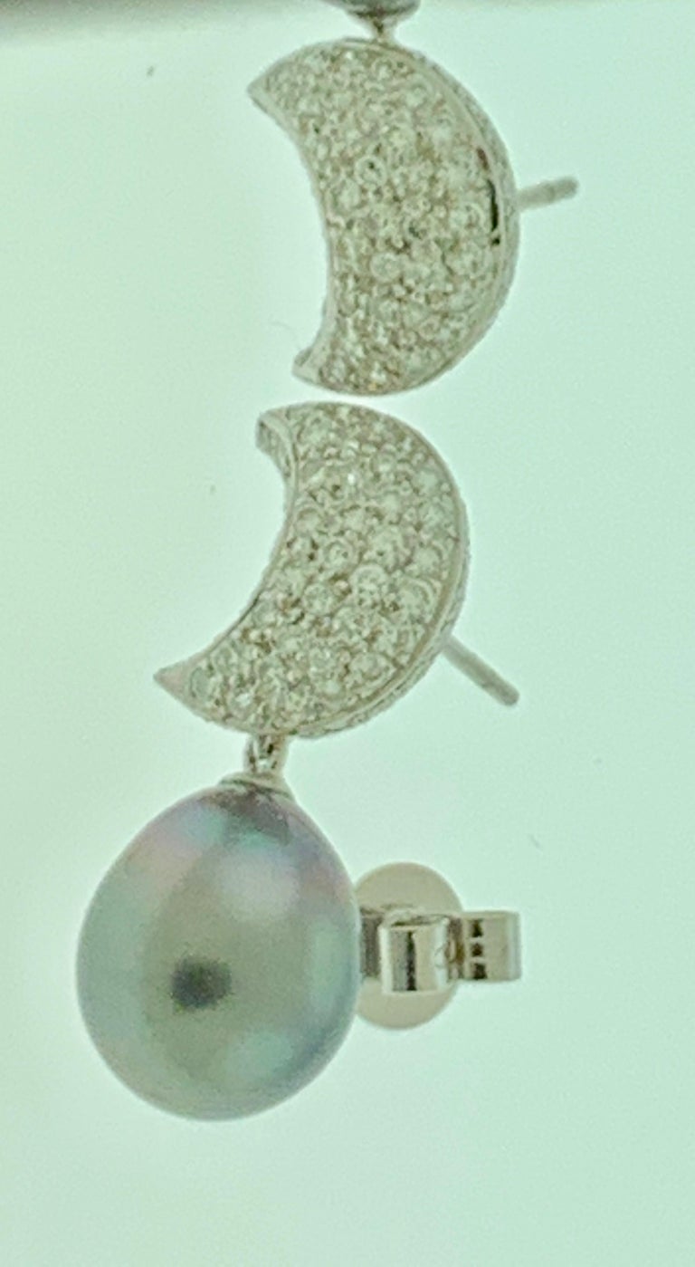Grey Black Tahitian Cocktail Dangling Earrings with Diamonds 18 Karat White Gold For Sale 4