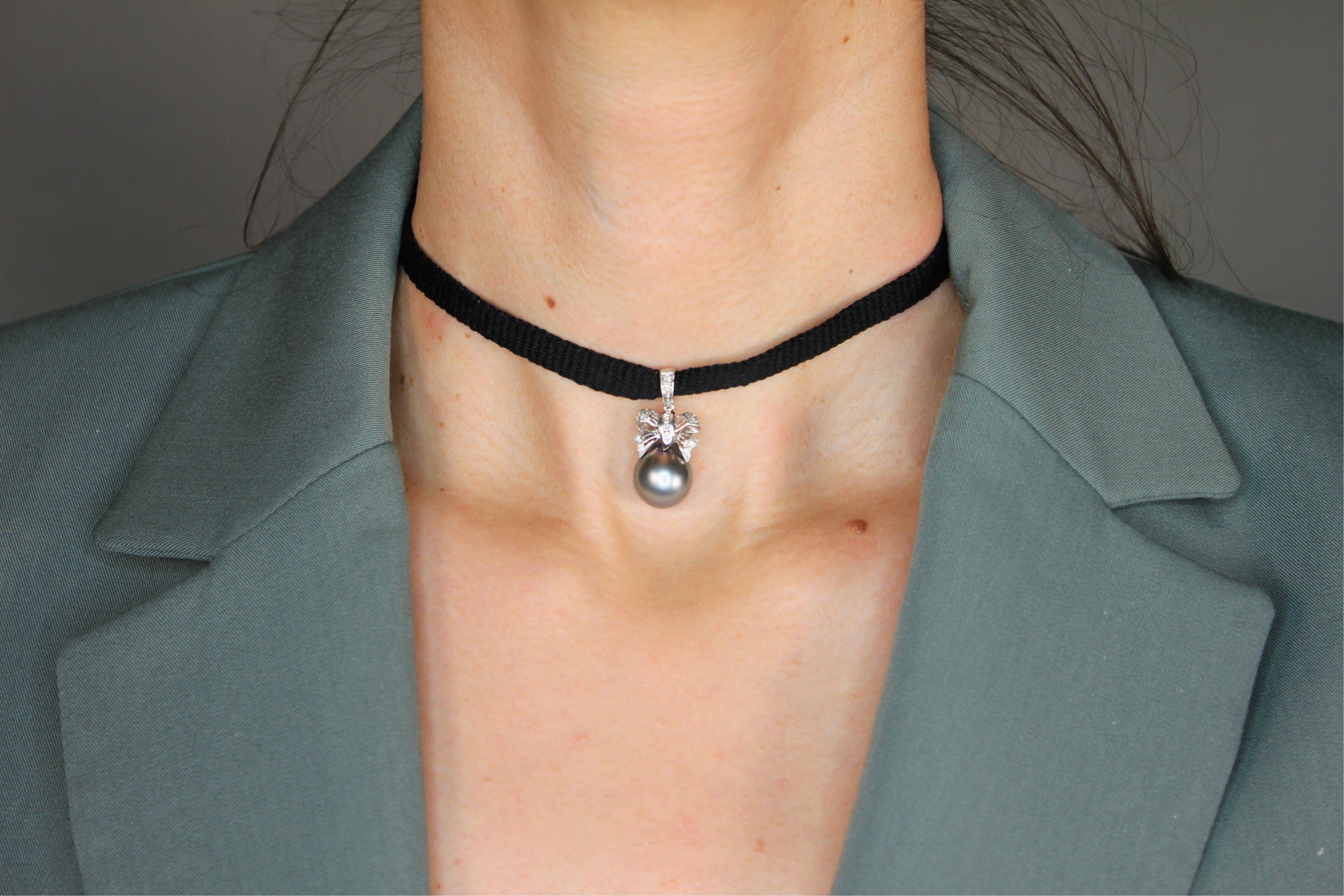 Grey Black Tahitian Pearl Diamond Bow Tie 18K White Gold Pendant Charm Necklace 1
