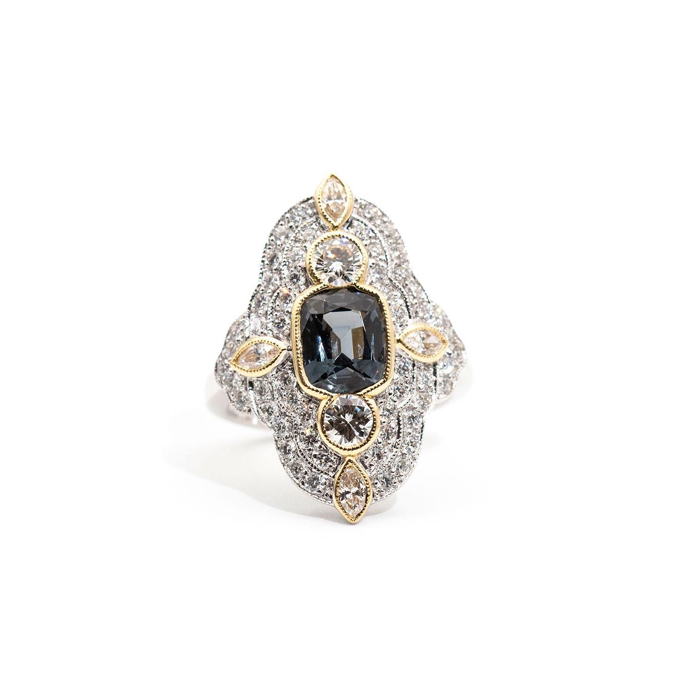 Grey Blue 1.98 Carat Cushion Spinel and Diamond 18 Carat Gold Cocktail Ring 4