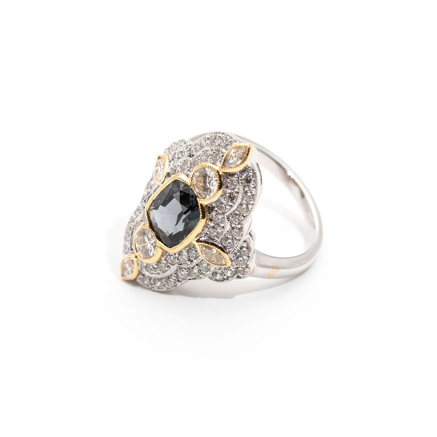 Grey Blue 1.98 Carat Cushion Spinel and Diamond 18 Carat Gold Cocktail Ring 8