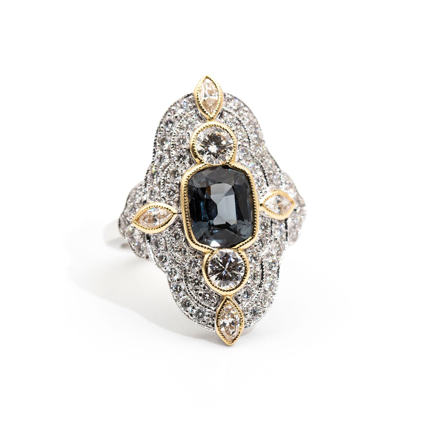 Grey Blue 1.98 Carat Cushion Spinel and Diamond 18 Carat Gold Cocktail Ring 10