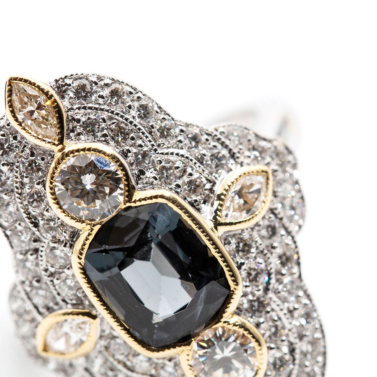 Contemporary Grey Blue 1.98 Carat Cushion Spinel and Diamond 18 Carat Gold Cocktail Ring
