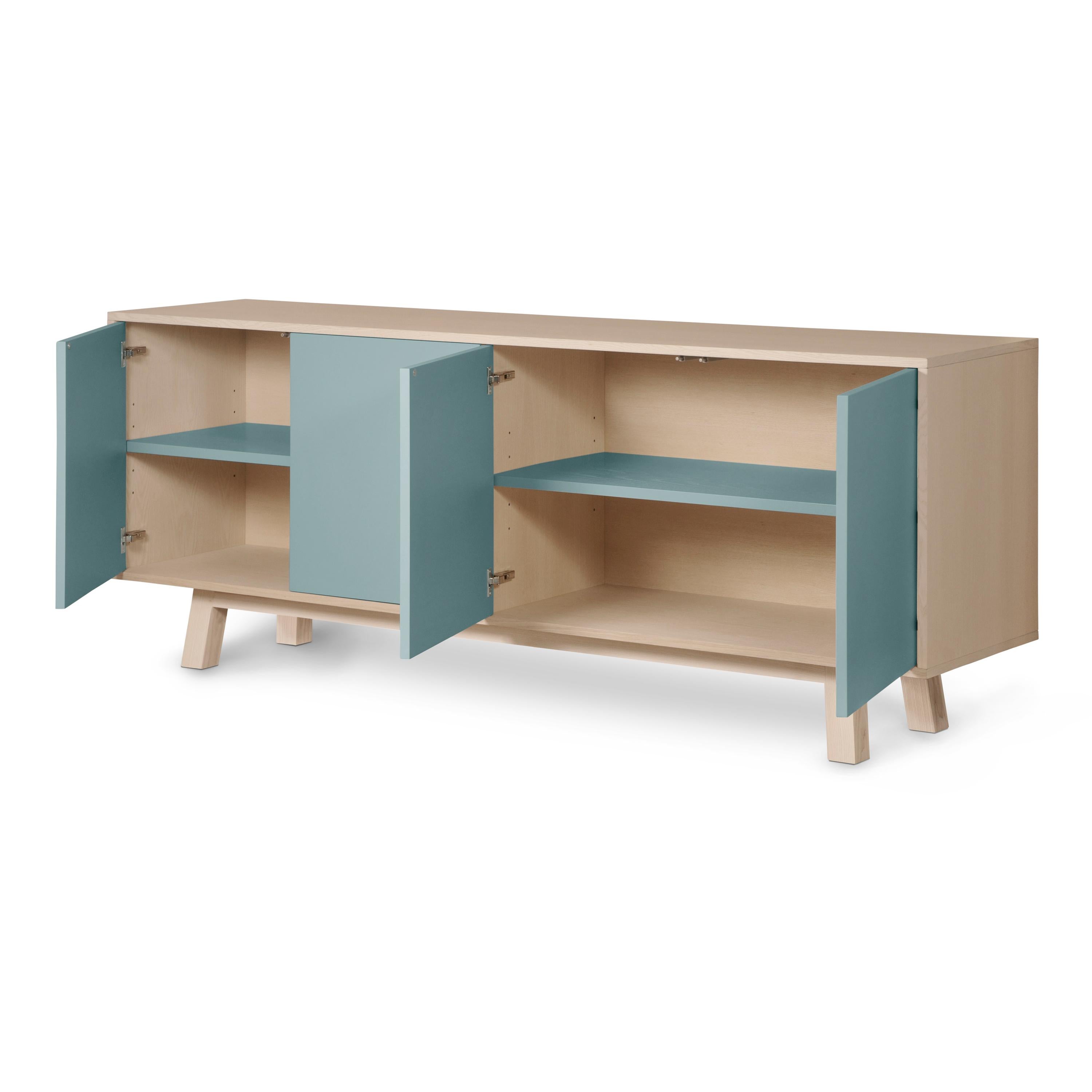 Lacquered Grey Blue 4-Door Low Credenza, Scandinavian Design by Eric Gizard, Paris For Sale