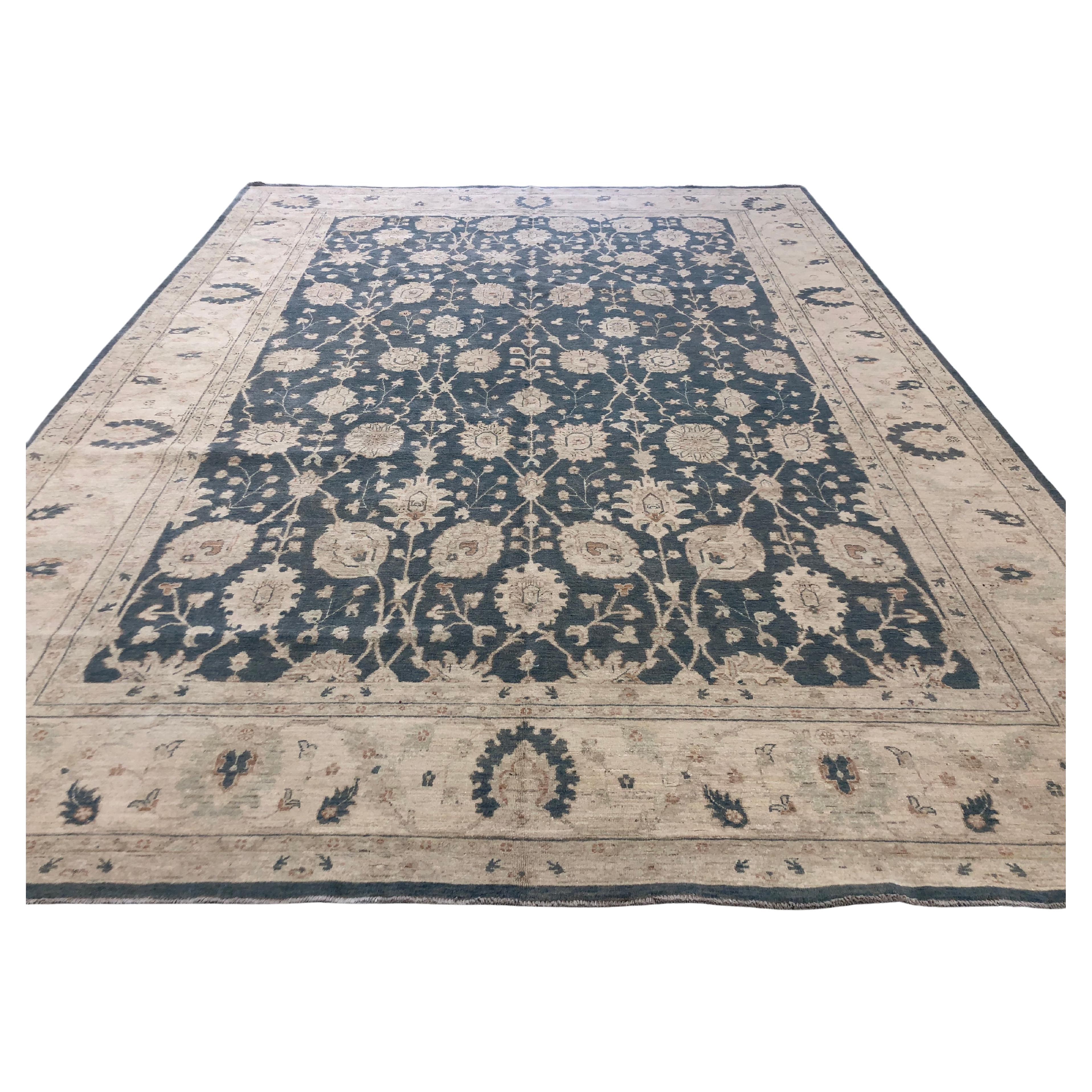 Grey Blue and Beige Pakistani Traditional Style Wool Area Rug