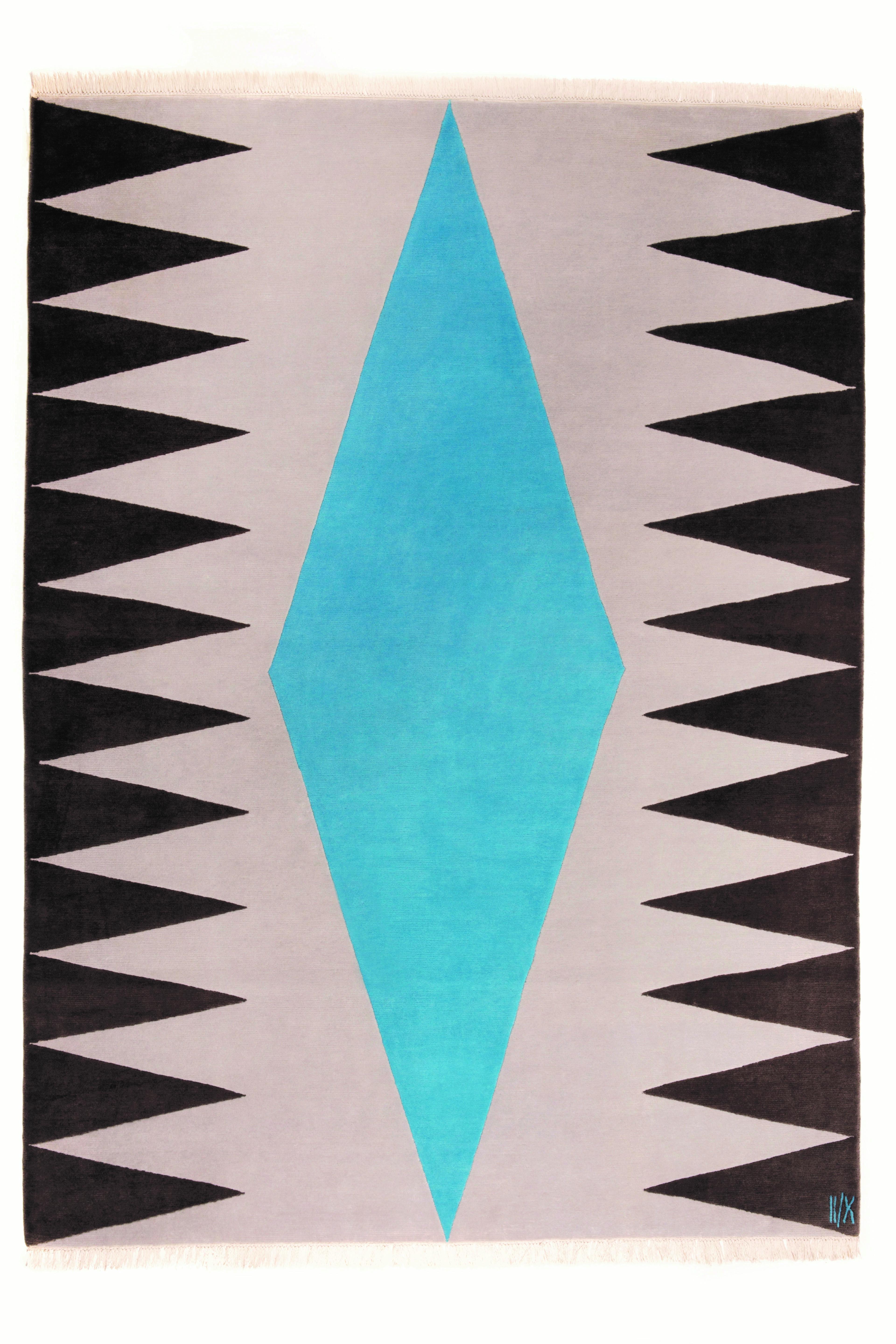 Indien Tapis géométrique moderne bleu gris  Laine géométrique Turquoise Brown faite à la main en vente