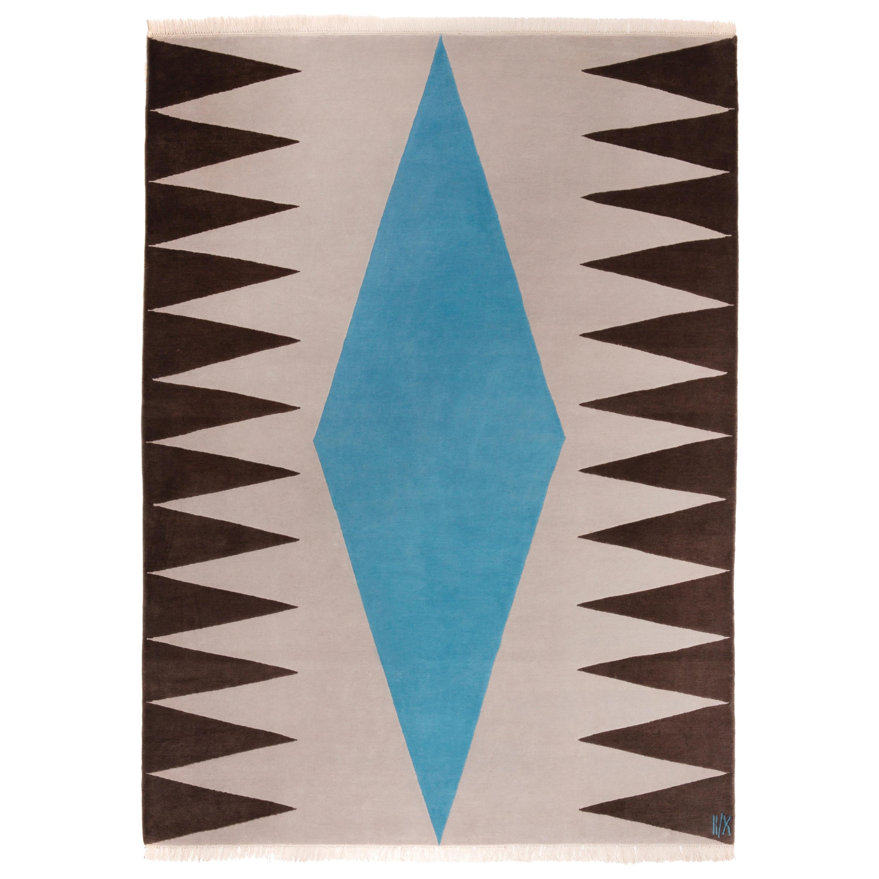 Rug Blue Modern geometric Carpet Grey  Turquoise Brown Geometrical Wool handmade