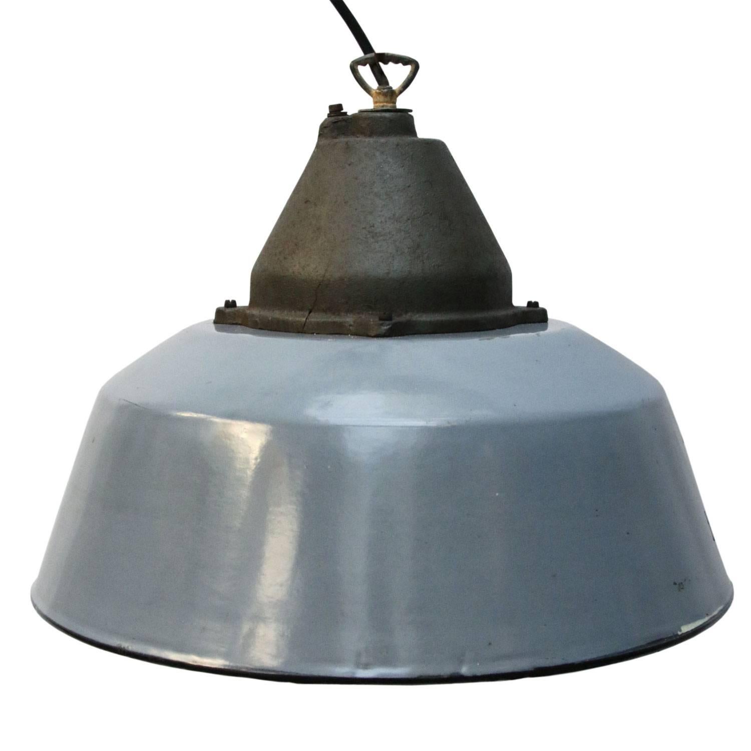 Grey Blue Enamel Cast Iron Vintage Industrial Factory Pendant In Good Condition In Amsterdam, NL