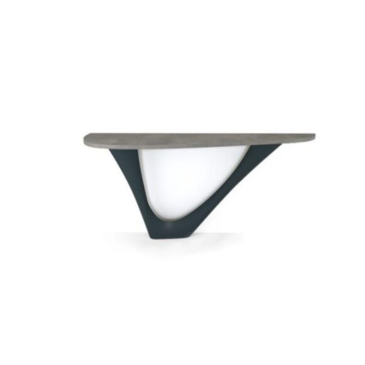 Grey blue G-Console mono steel base with concrete top by Zieta
Dimensions: D 43 x W 159 x H 75 cm 
Material: Concrete, carbon steel.
Also available in different colors and dimensions.

G-Console is another bionic object in our collection. Created