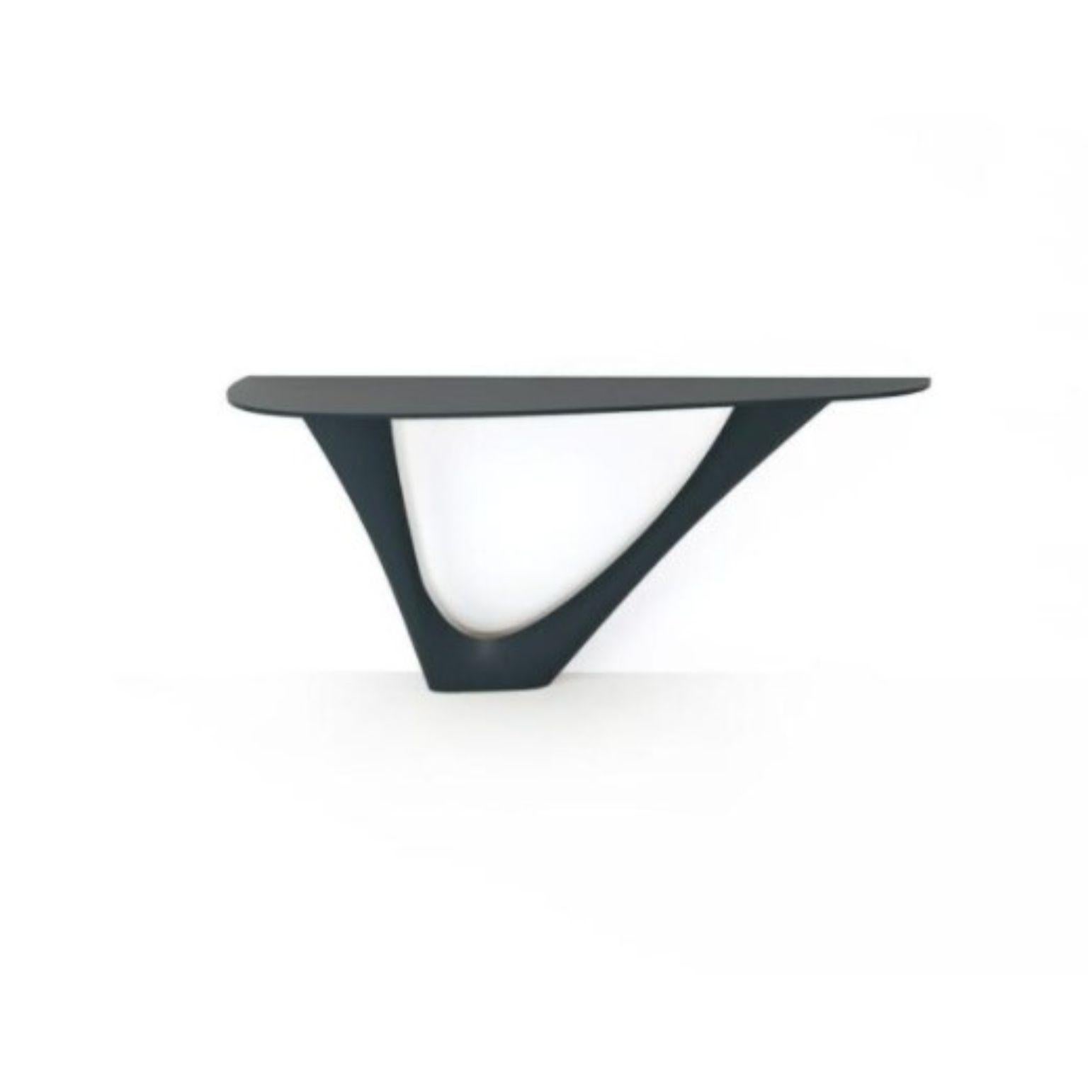 Grey blue g-console steel base with steel top Mono by Zieta
Dimensions: D 43 x W 159 x H 75 cm 
Material: Carbon steel. 
Also available in different colors and dimensions.

G-Console is another bionic object in our collection. Created for smaller