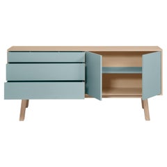 Grey Blue Low Sideboard with 2 Doors and 3 Drawers, Design Eric Gizard, Paris