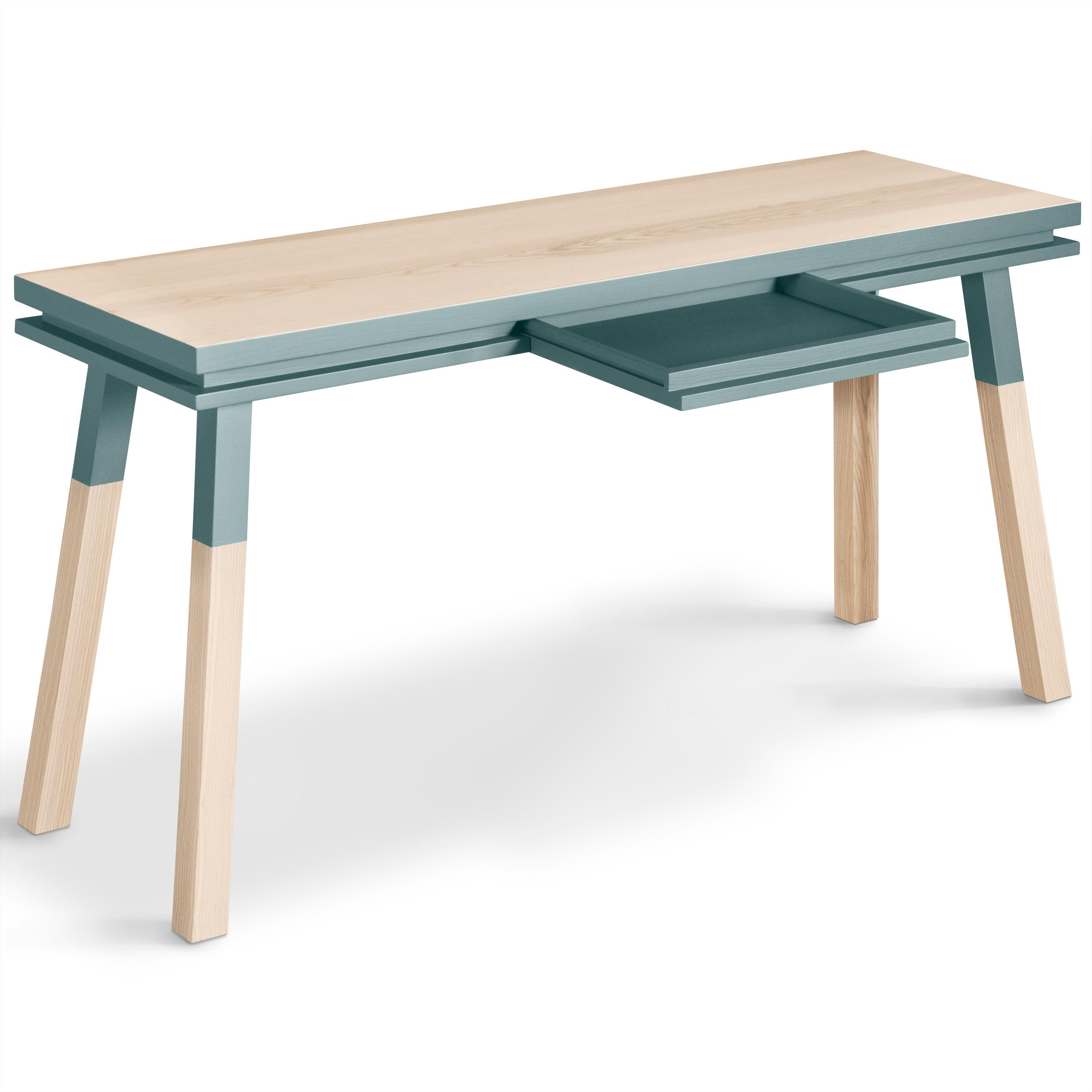 Hand-Crafted Grey blue rectangular console table, solid wood - design Eric Gizard, Paris  For Sale
