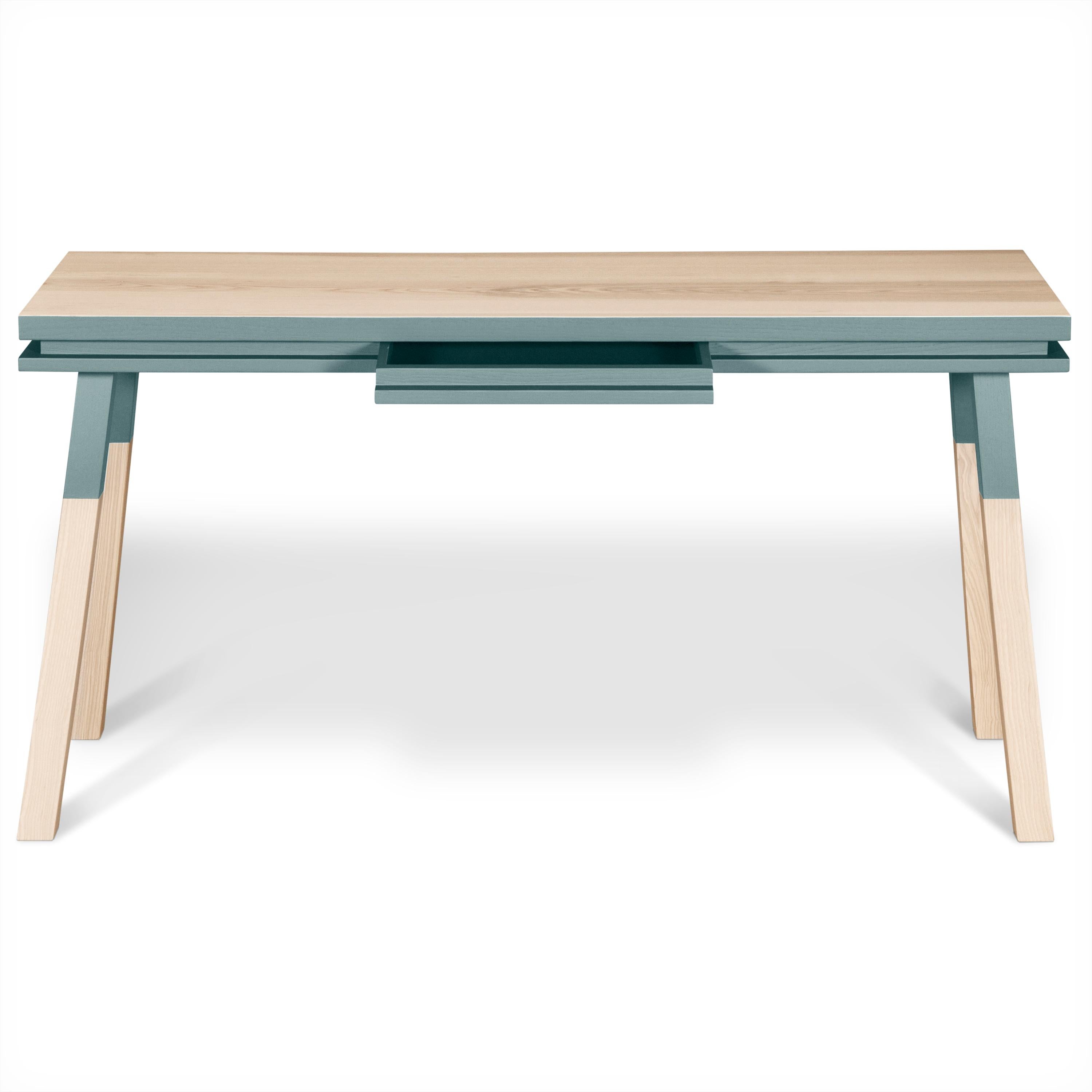 French Grey blue rectangular console table, solid wood - design Eric Gizard, Paris  For Sale