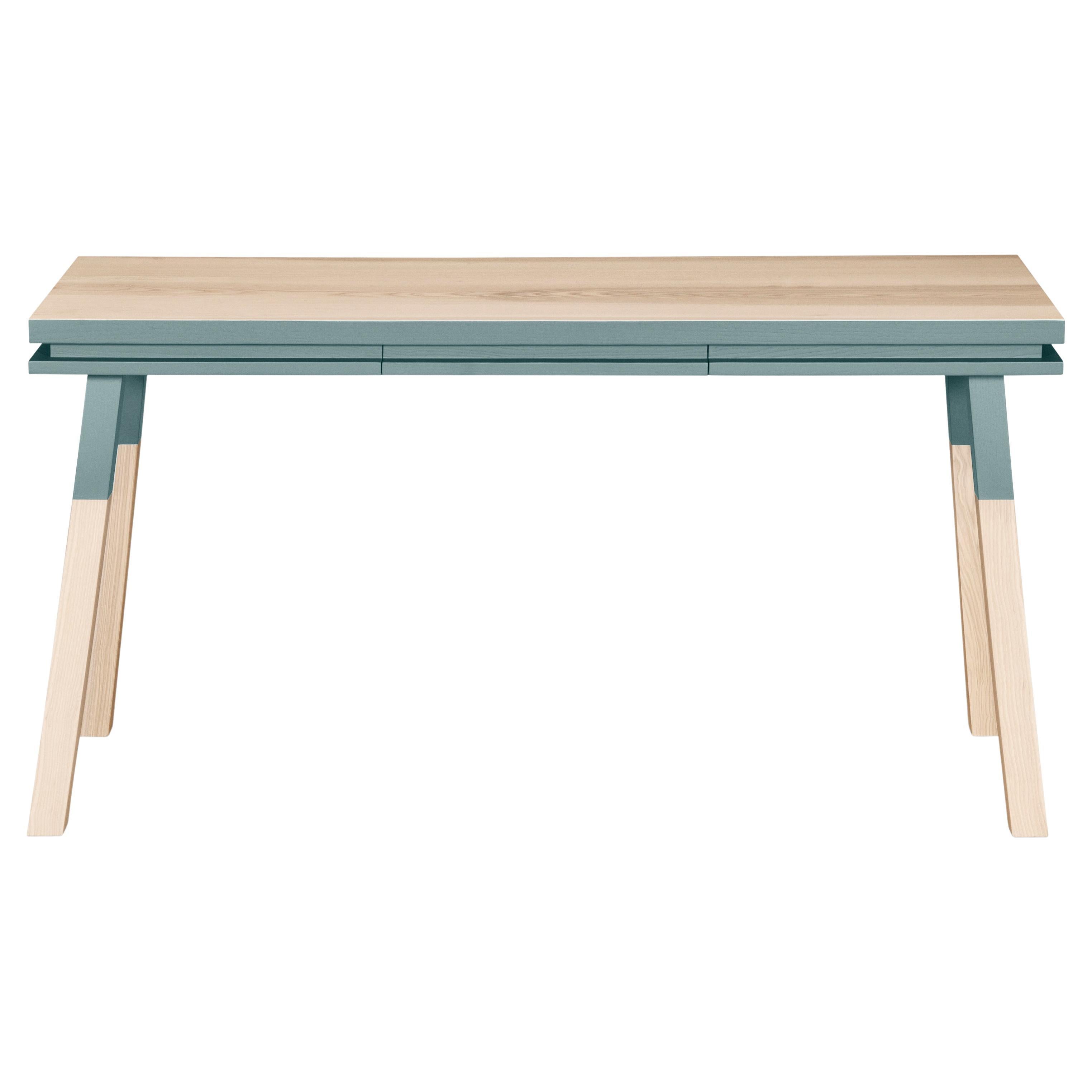 Table console rectangulaire grise et bleue, bois massif, design Eric Gizard, Paris 