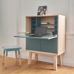Blue gray secretary desk in wood, with storage - design Eric Gizard, Paris