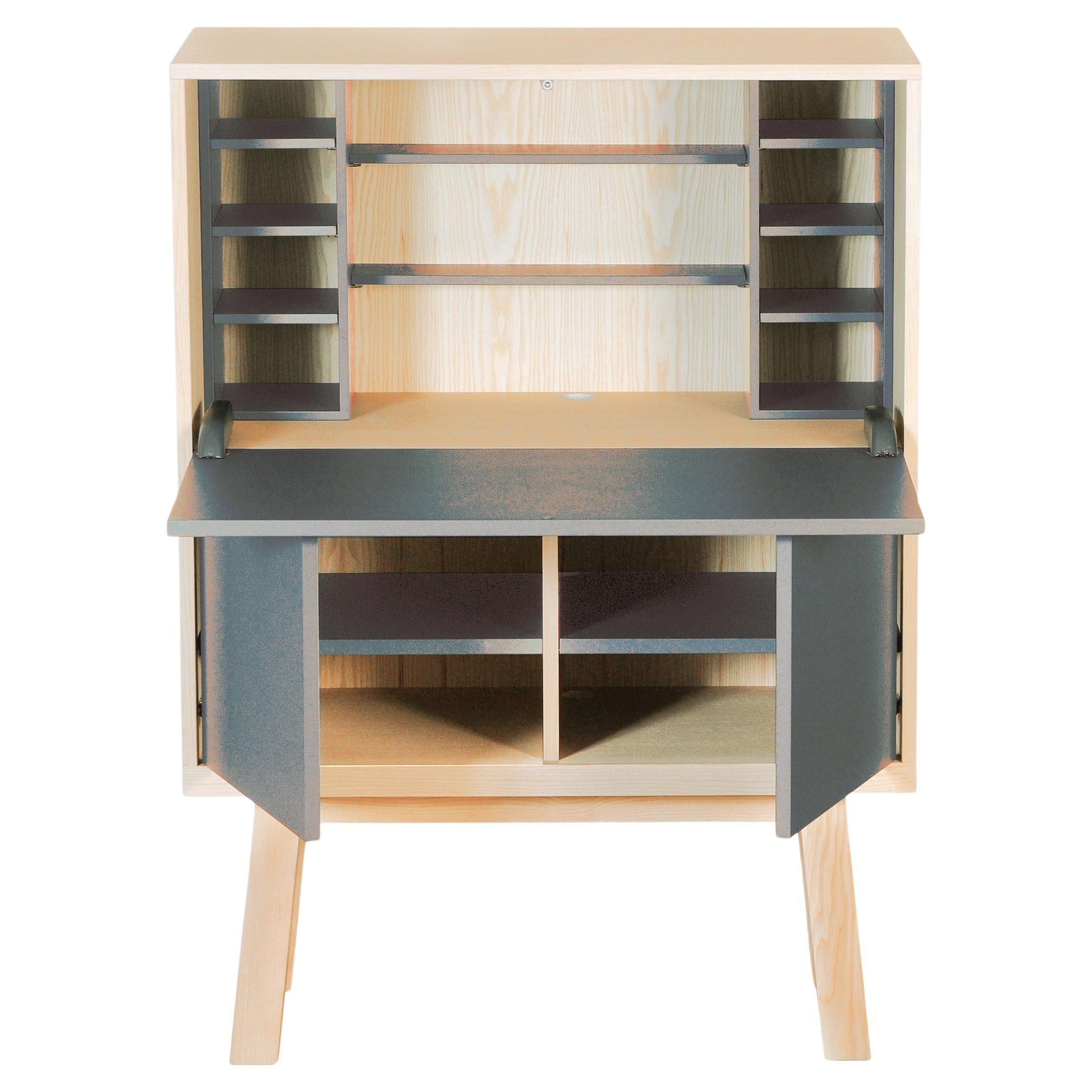 bureau de secrétaire gris bleu avec rangement, 11 couleurs, design E. Gizard Paris