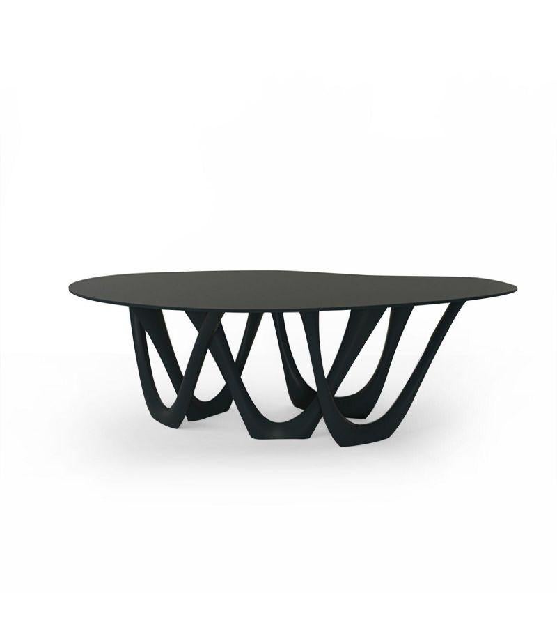 Gray Blue Steel G-Table by Zieta
Dimensions: D 110 x W 220 x H 75 cm 
Material: Carbon steel. 
Finish: Powder-Coated.
Available in colors: Beige, Black/Brown, Black glossy, Blue-grey, Concrete grey, Graphite, Gray Beige, Gray-Blue, Moss Grey, Olive