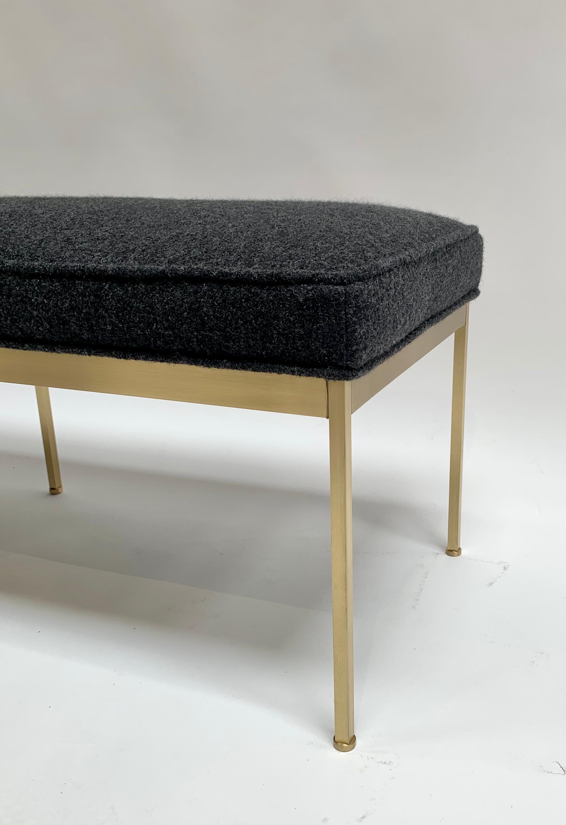 The Paul Bench features a solid lacquered brass base and an upholstered seat with piping. Each leg features a rounded leveler. Shown here in grey boiled wool and satin brass.

The Lawson-Fenning Collection is designed and handmade in Los Angeles,