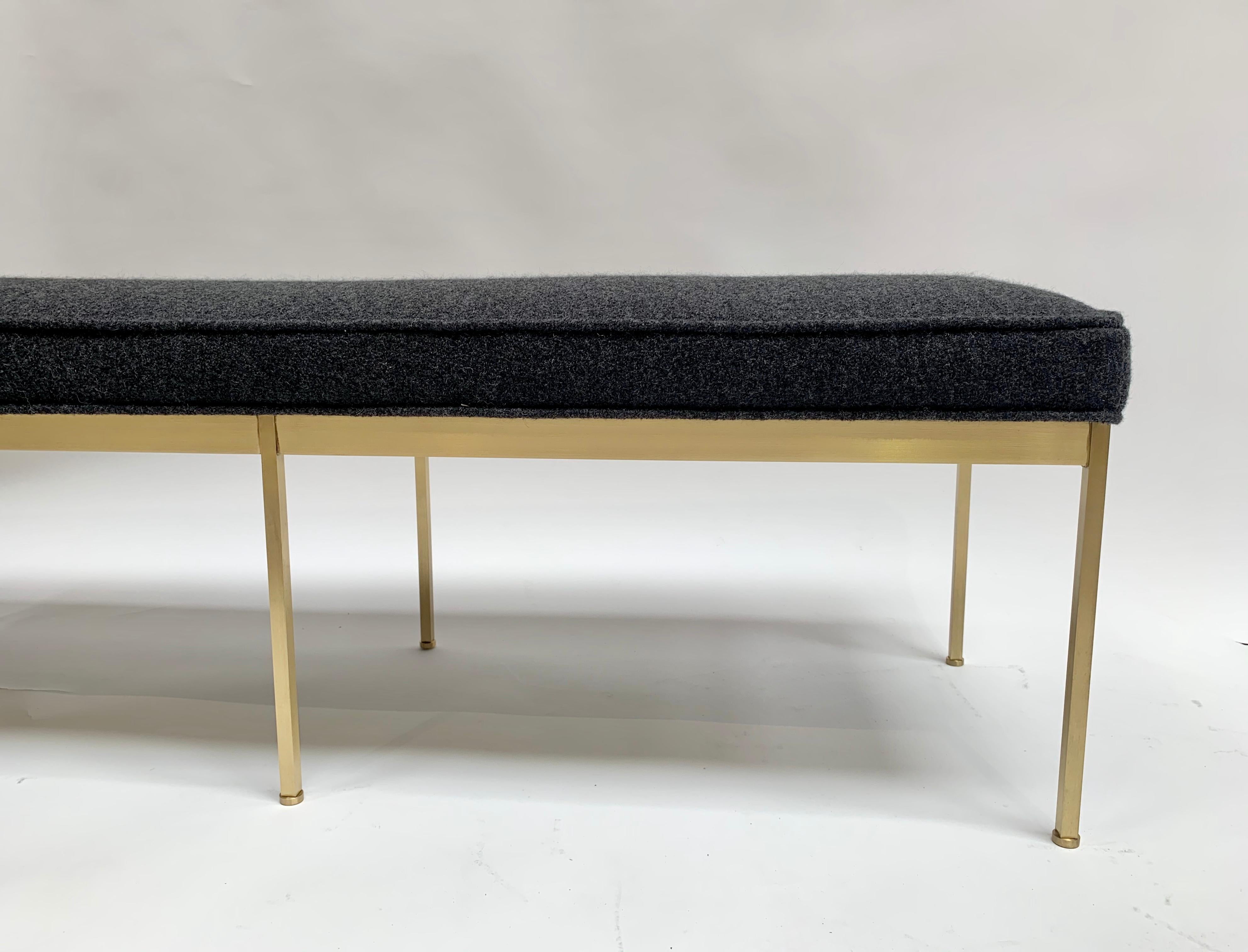 Mid-Century Modern Grey Boiled Wool and Satin Brass Paul Bench by Lawson-Fenning