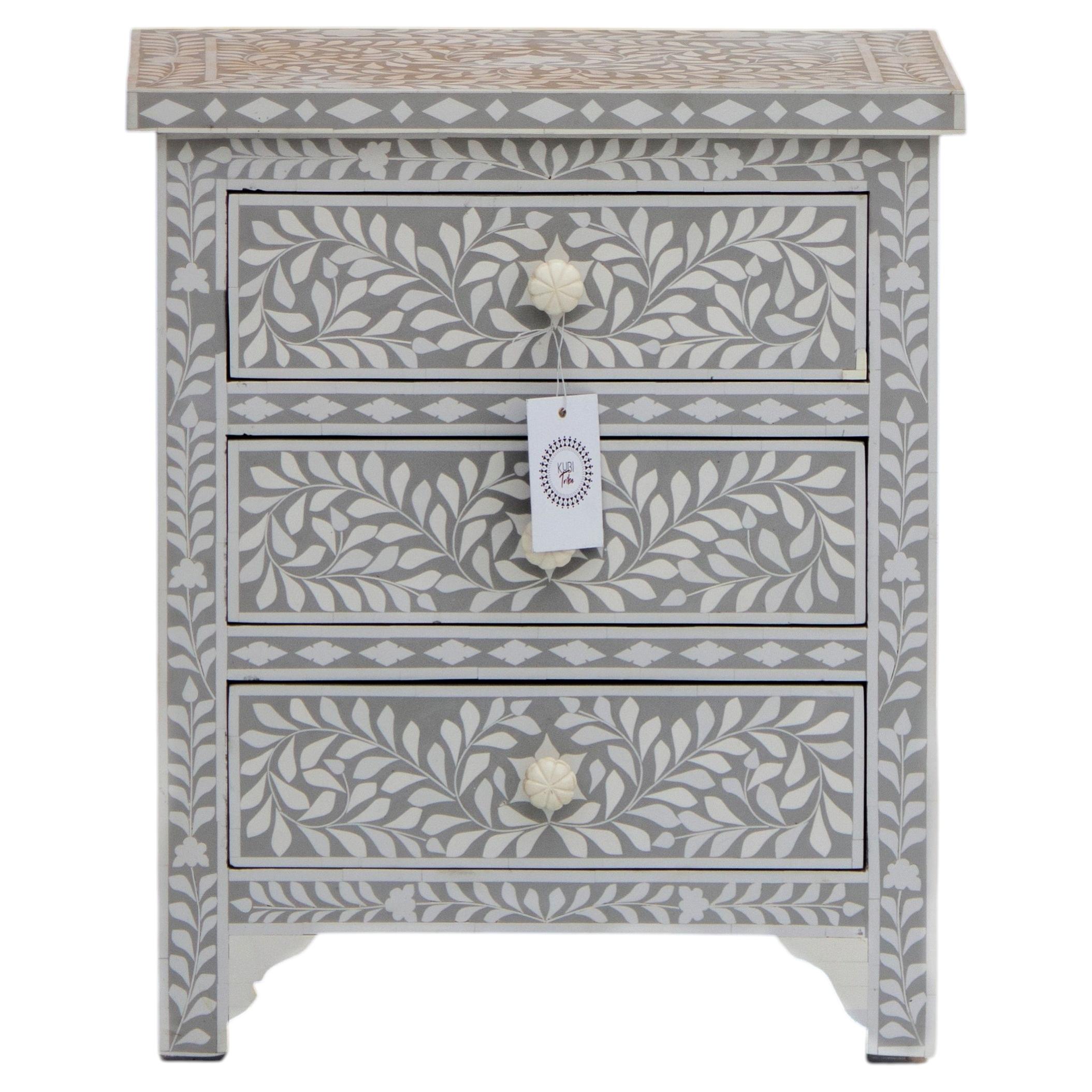 Grey Bone Inlay Compact Square Bedside Side Table by House of Jaipur For Sale