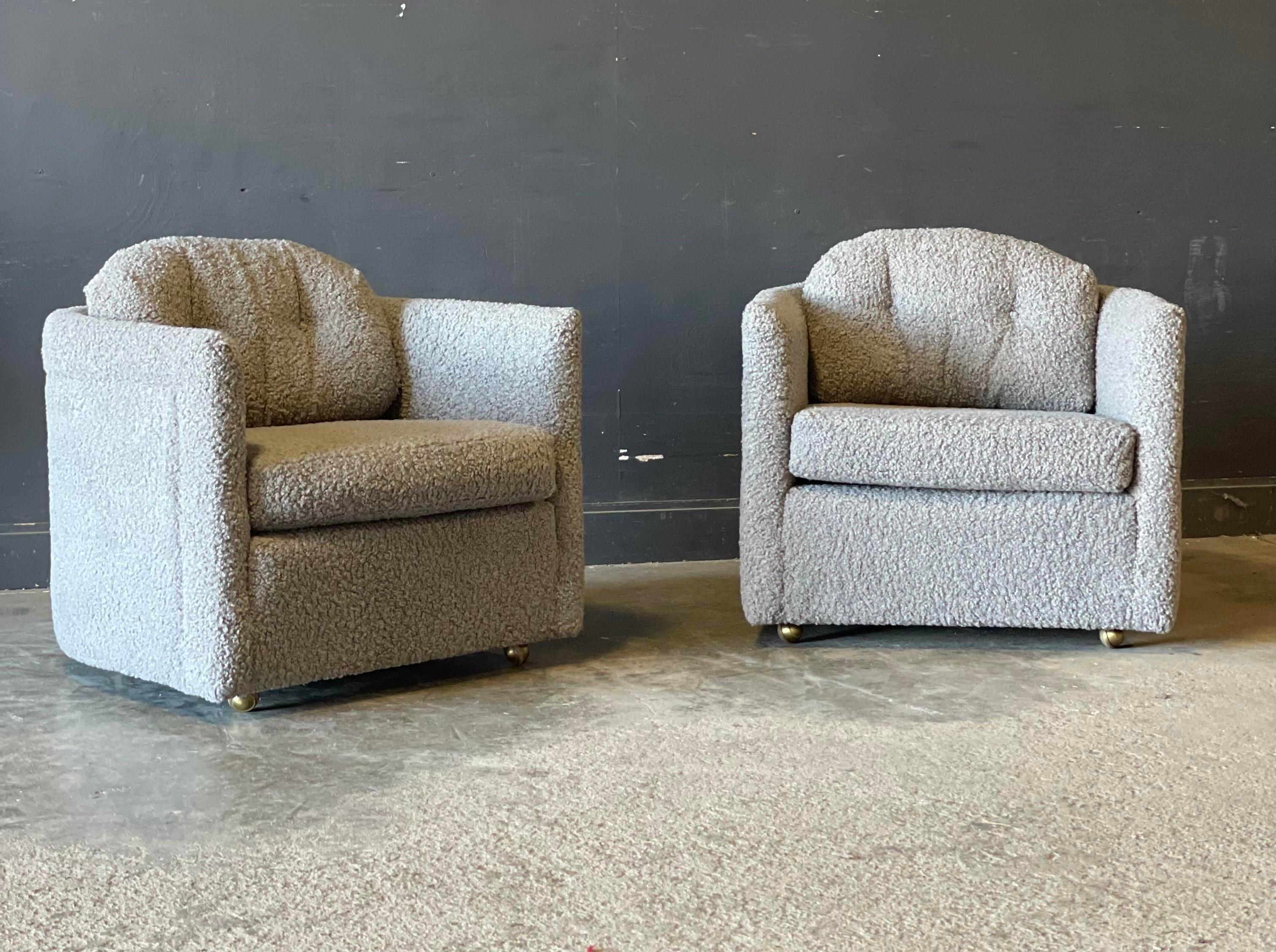 Brass Grey Boucle Club Chairs on Casters - a Pair For Sale