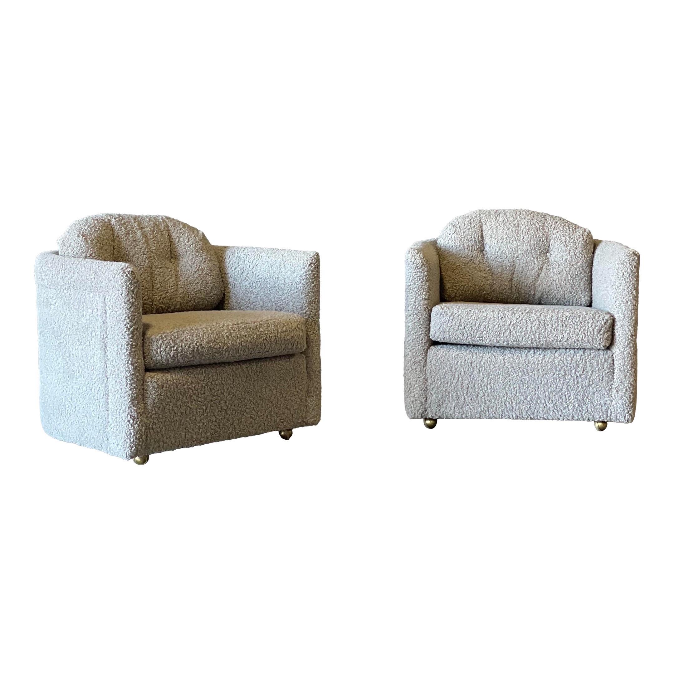 Grey Boucle Club Chairs on Casters - a Pair For Sale