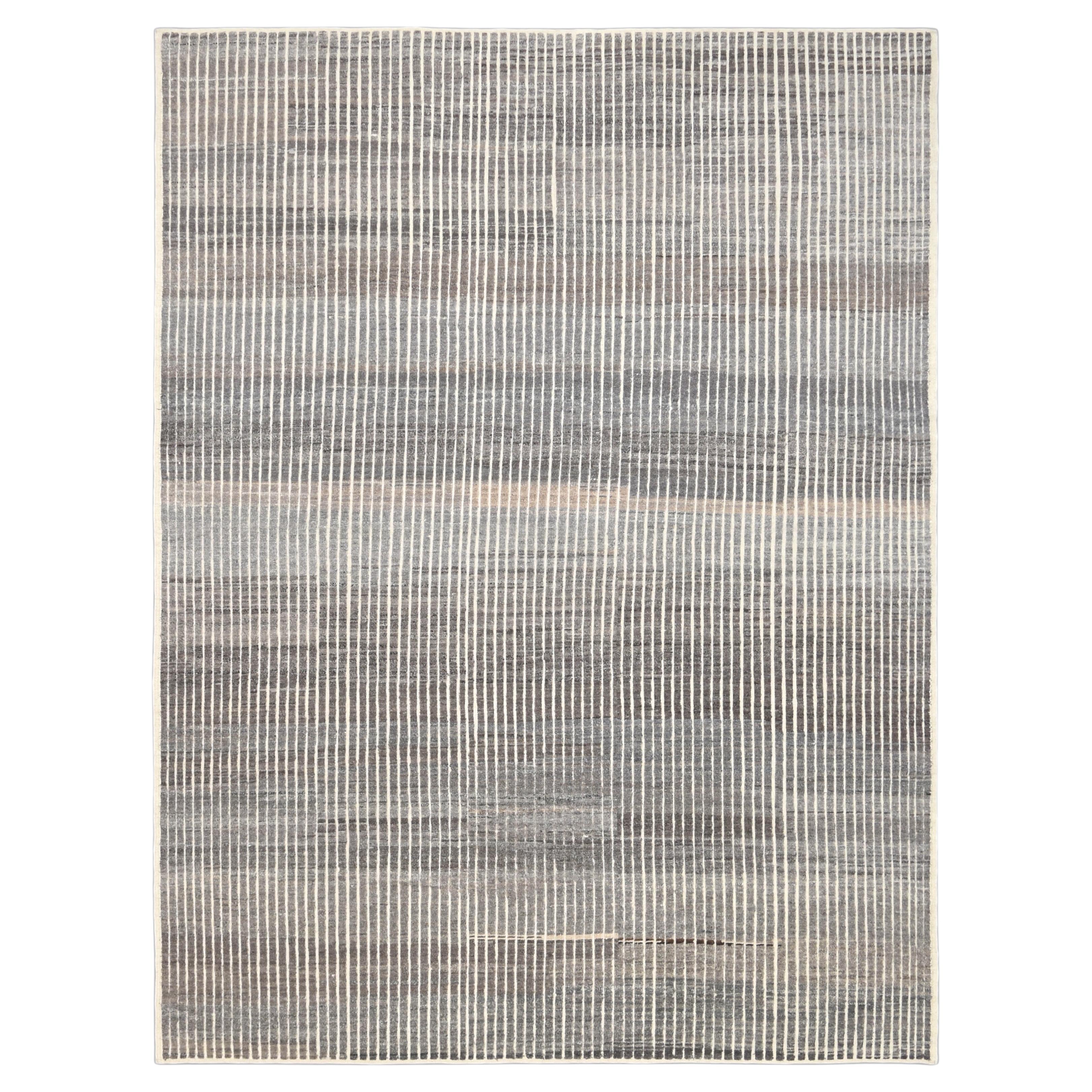 Tappeto in lana naturale a righe verticali grigio, marrone e avorio 8'7''X11'5''