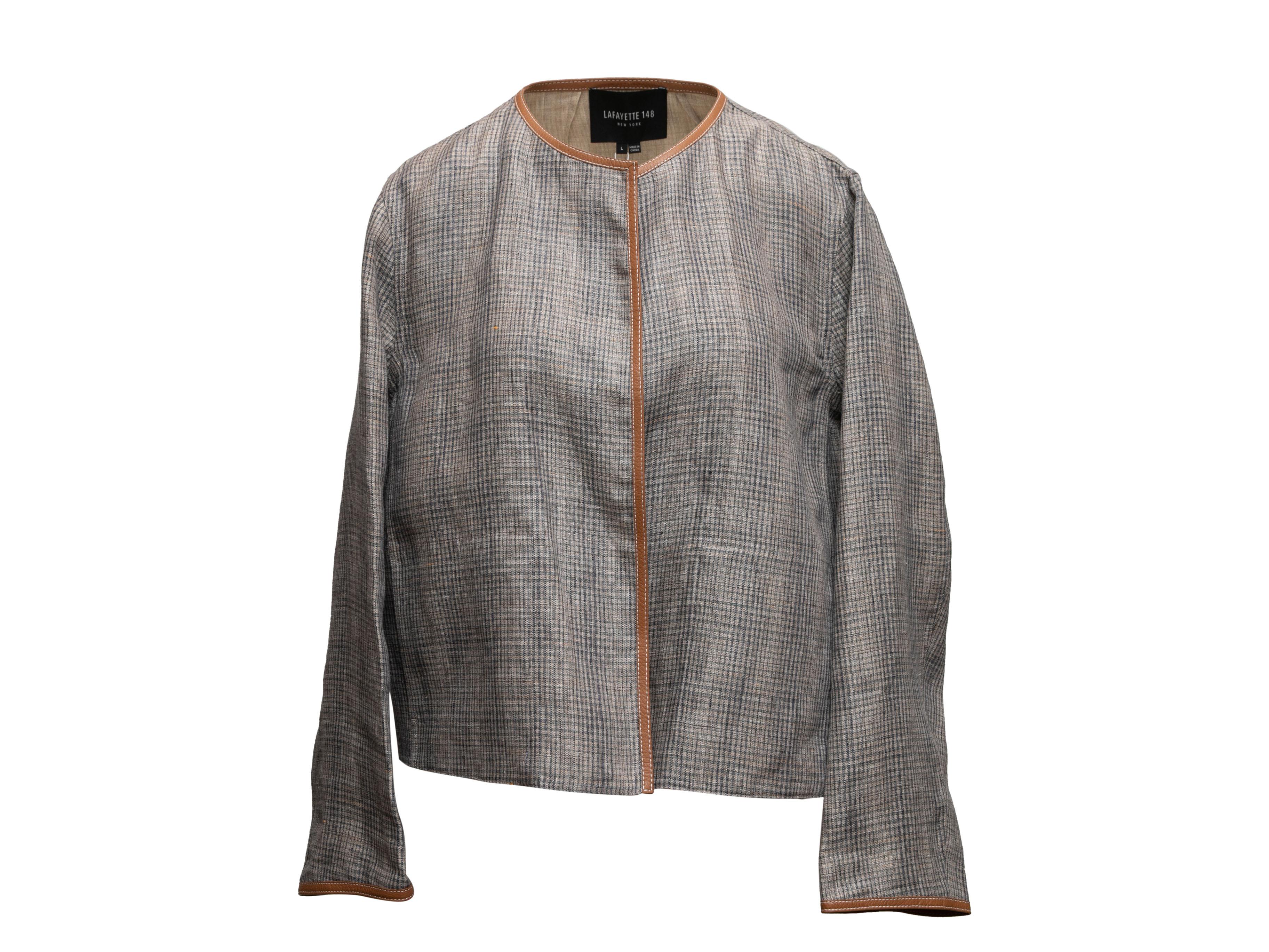 Grey and brown linen check patterned jacket by Lafayette 148. Crew neck. Open front. 40