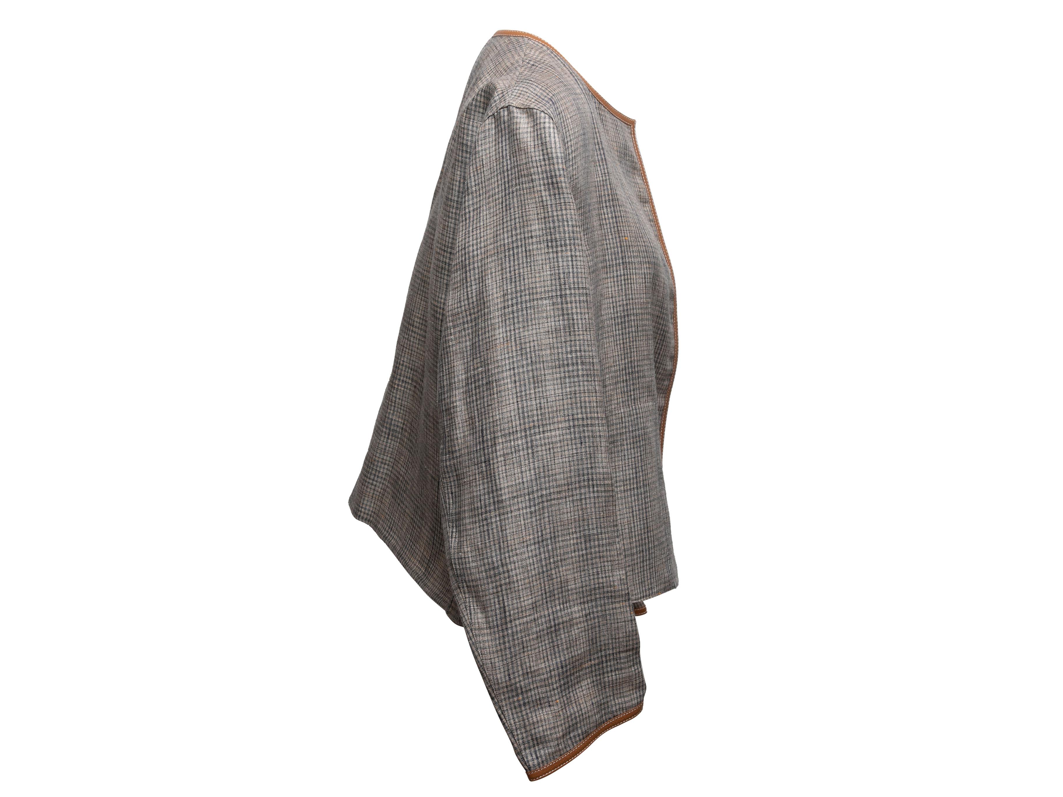 Gray Grey & Brown Lafayette 148 Linen Check Jacket Size US L For Sale