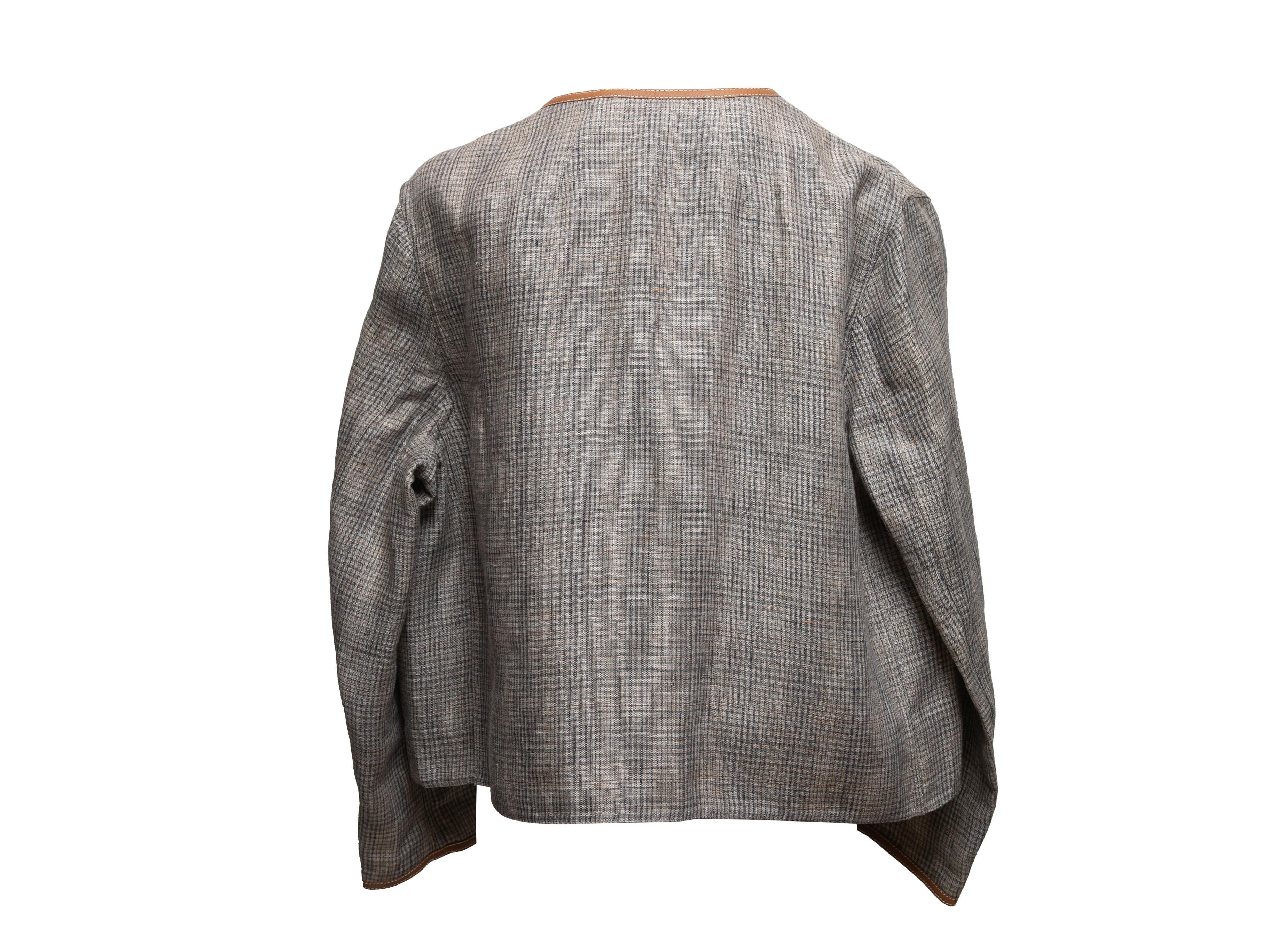 Grey & Brown Lafayette 148 Linen Check Jacket Size US L In Good Condition For Sale In New York, NY