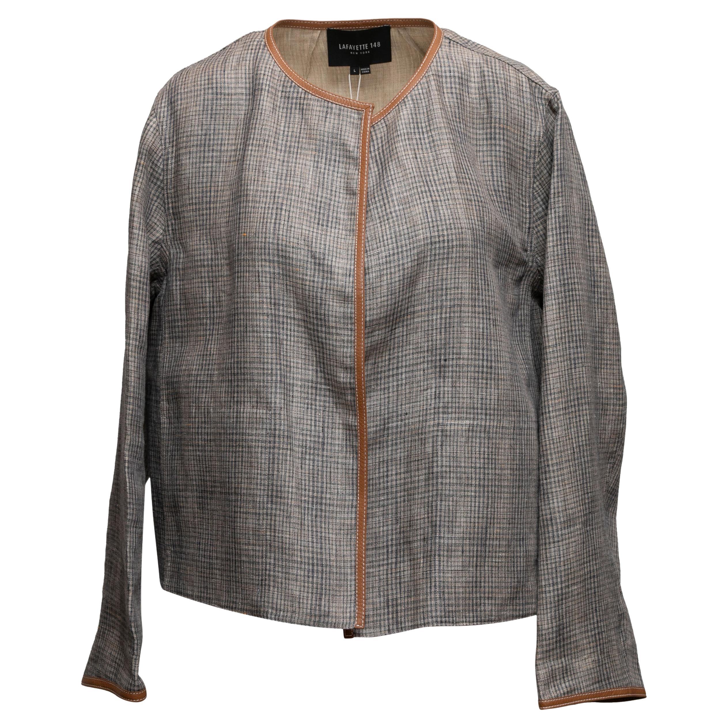 Grey & Brown Lafayette 148 Linen Check Jacket Size US L