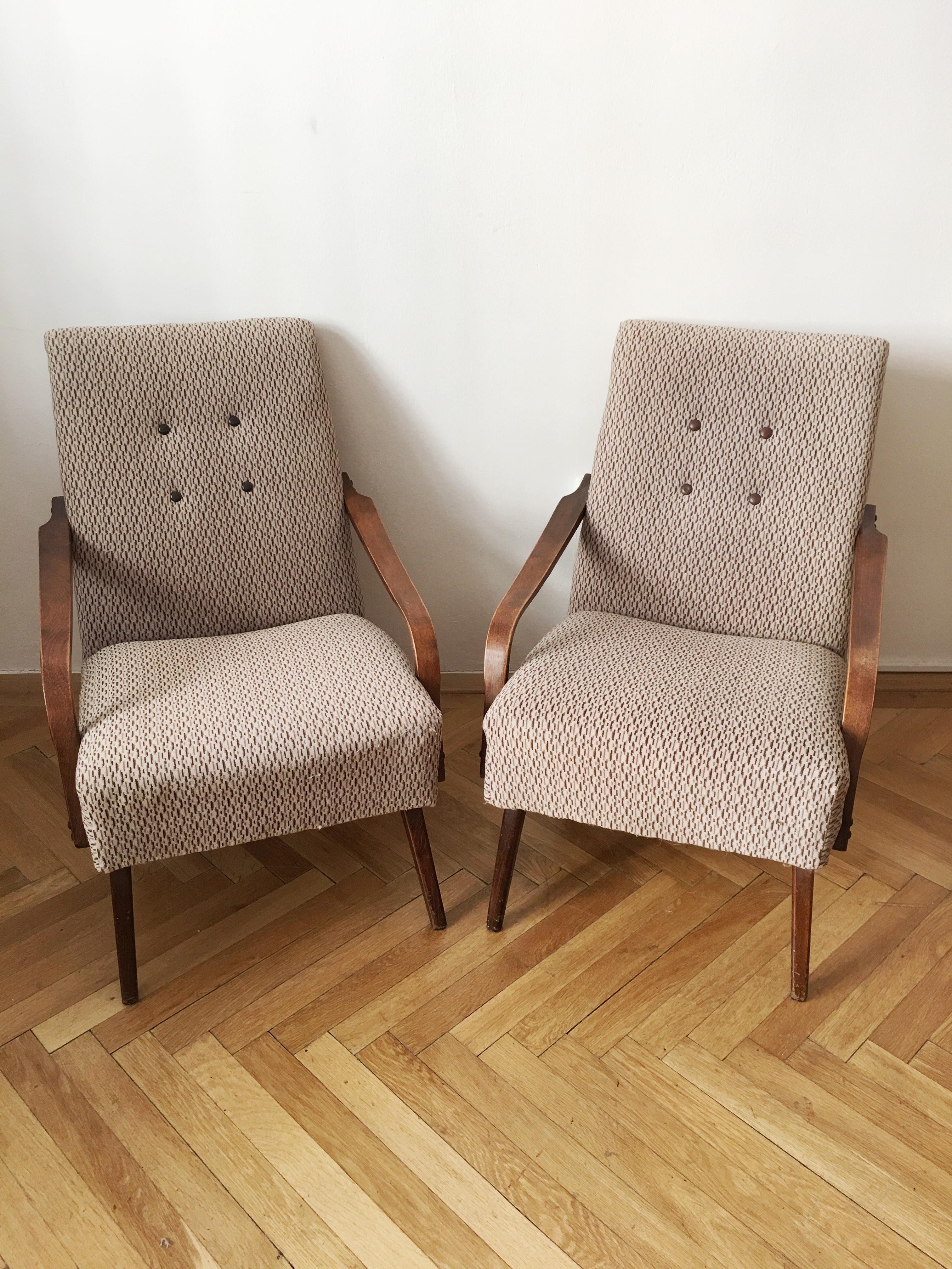 Czech Grey/Brown Vintage Armchairs, 1960s, Pair For Sale